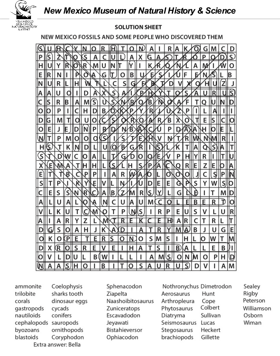 Answer Key for NM Fossils Word Search
