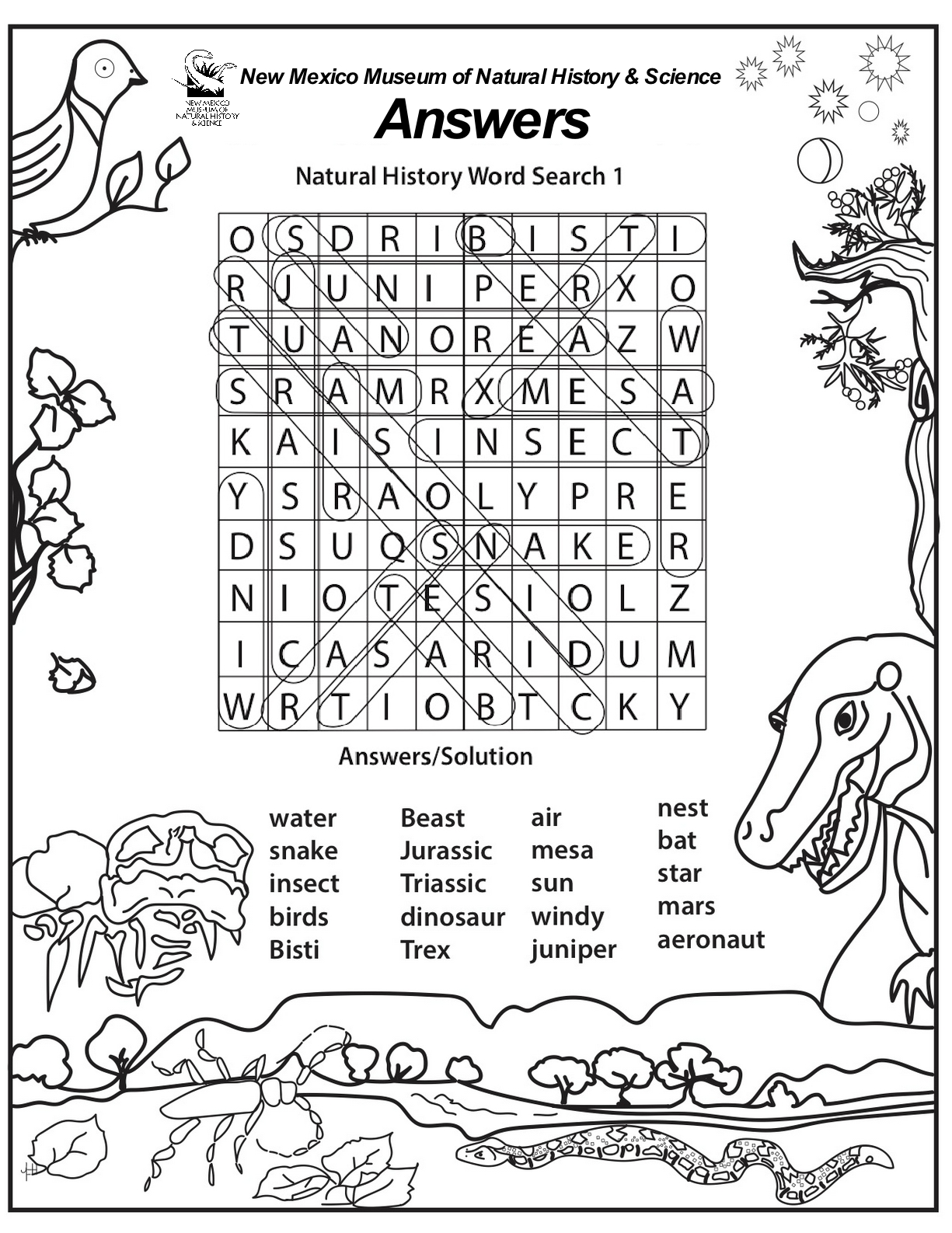 Answer Key for Natural History Word Search
